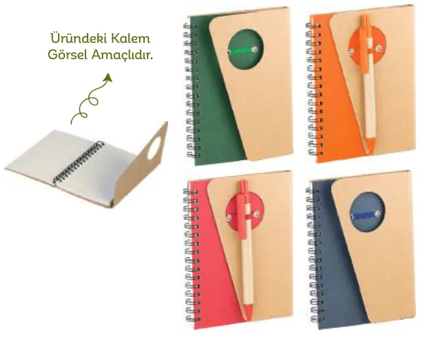 Kalemlikli kraft spiralli defter: ürün fotoğrafı ve renkleri