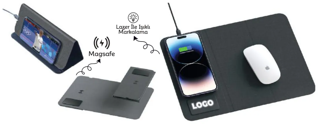 Telefon standlı kablosuz şarjlı mouse pad: ürün fotoğrafı ve renkleri