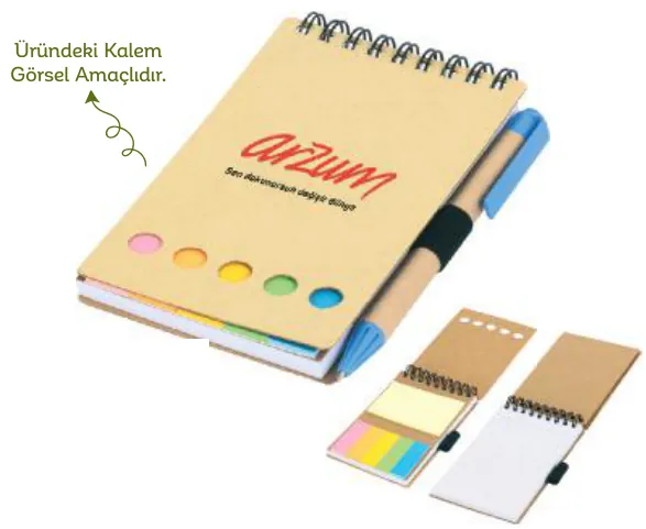 Yapışkan notlu kraft spiralli defter, 16,5 × 21,5 cm: ürün fotoğrafı ve renkleri